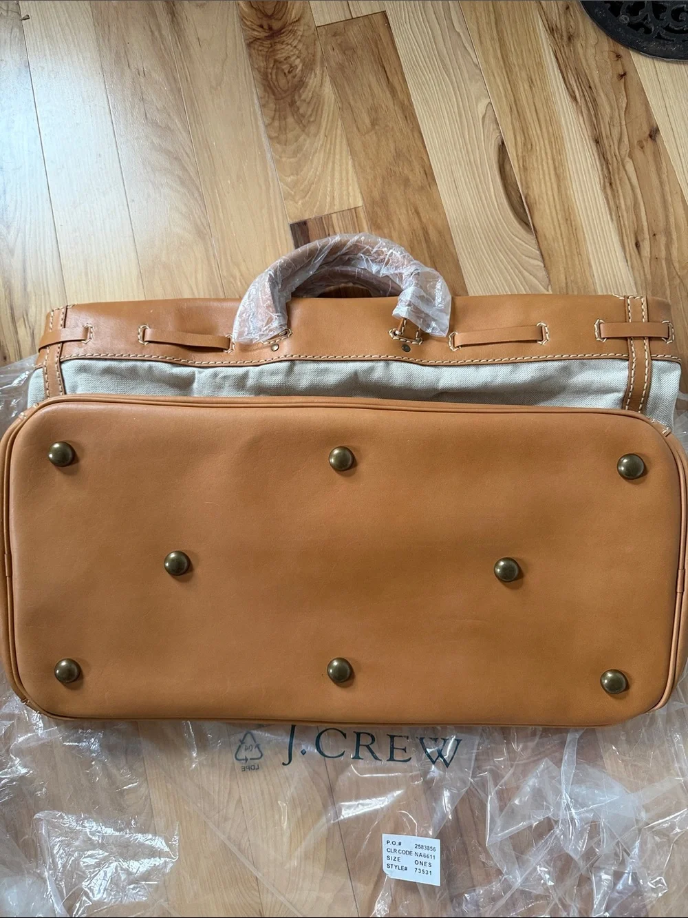 NWT J. Crew Tan Leather & Beige Canvas Weekender Bag